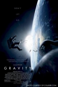 In the movie poster for Gravity, one of the astronauts is shown drifting into space with the words “Don’t Let Go” printed above them. This is summarizing the main idea of the storyline which is to hang on to anything while trying to return to earth safely, all while being adrift in space.