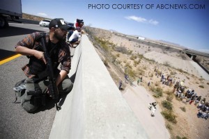 Eric (who abstained to give his full name), an independent militiamen from Idaho, camps on an overpass in defense of the federal troops. In an interview with an independent protester, he urged that the people continue to confront force with force in defense of liberty and that issues like this arise all of the time; a similar case where the BLM is encroaching onto 90,000 acres is Texas is also currently ongoing.